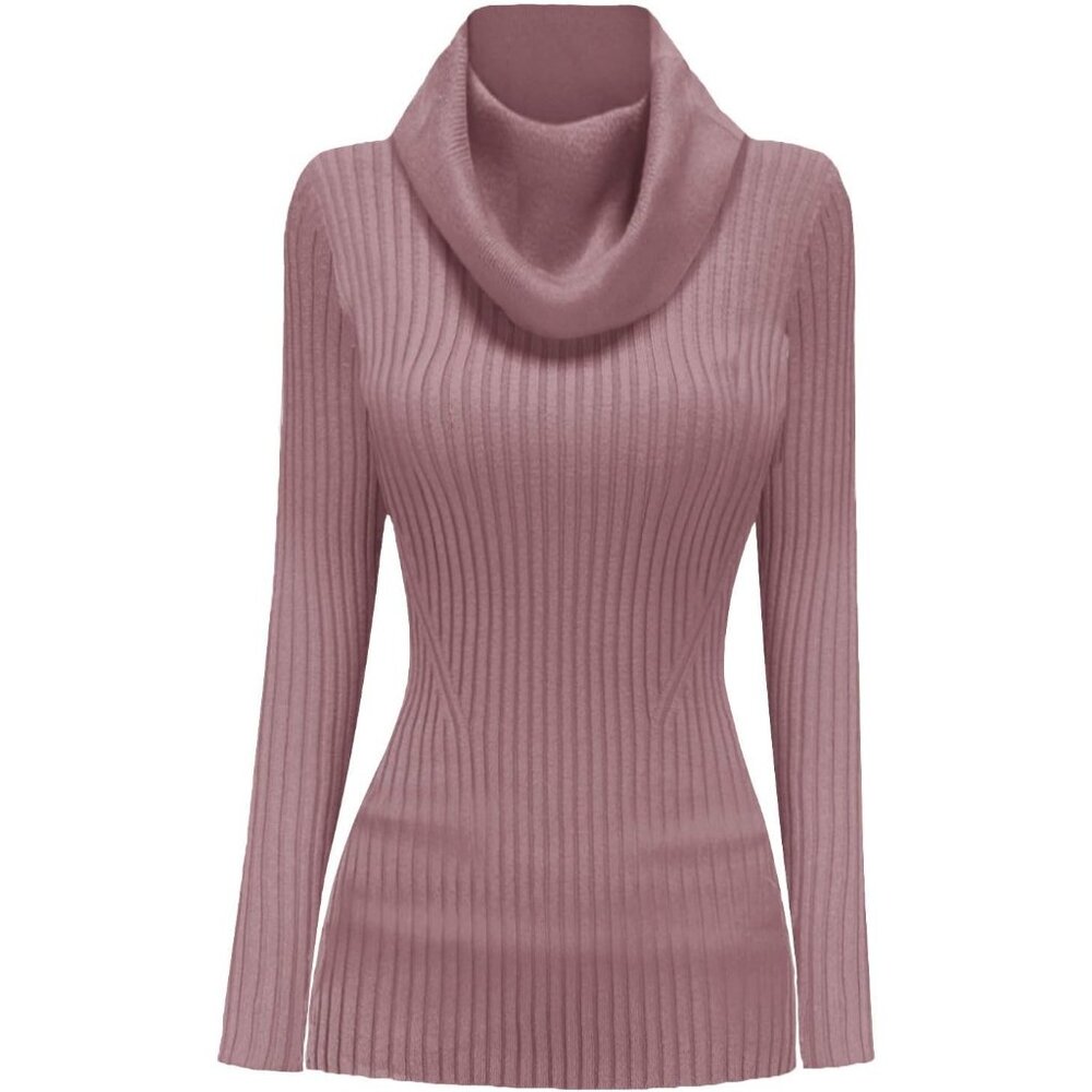 Women’s Berry Cowl Neck Knit Long Sleeve Bodycon Stretchable Slim Fit Sweater - Picture 4 of 5